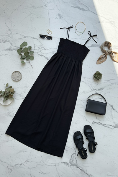 oshebu Pamuklu Uzun Yazlık Kadın Elbise - Omuzdan Bağlamalı Askılı Büzgülü Astarsız