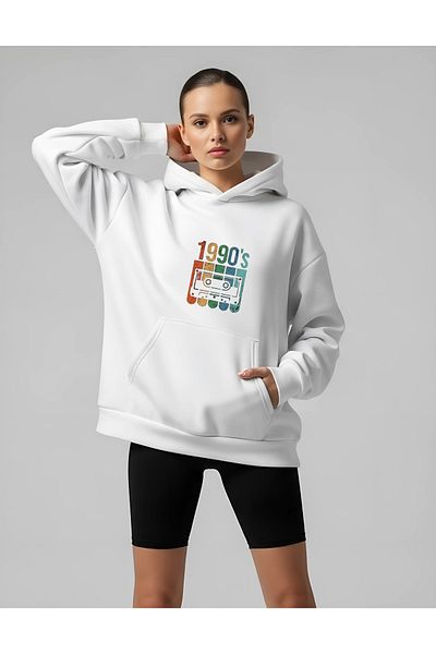 Bheka Concept 1990's Design Printed White Oversize Unisex Hooded Sweatshirt Hoodie