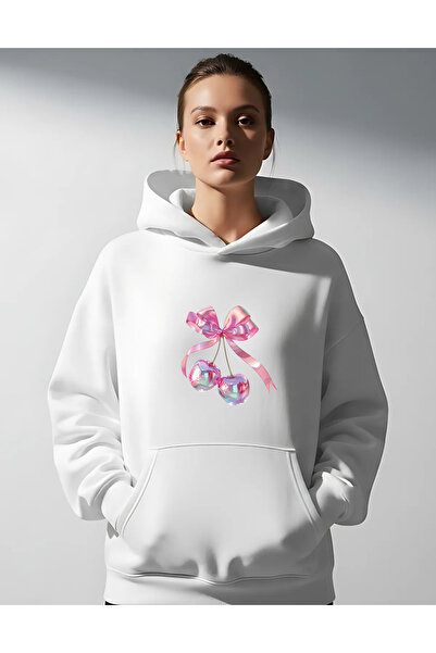 Vooya Fashion سويت شيرت بقلنسوة أبيض كبير الحجم مطبوع عليه فيونكة كرز