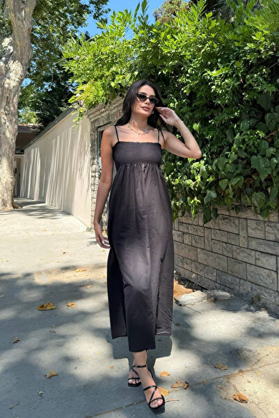 oshebu Pamuklu Uzun Yazlık Kadın Elbise - Omuzdan Bağlamalı Askılı Büzgülü Astarsız