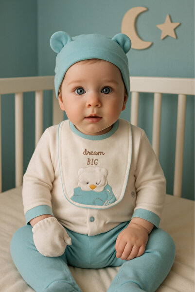 Bamoola for Babies Organic Baby Boy Teddy Bear Patterned 5-Piece Jumpsuit Hospital Release Newborn Outfit Baby Bib