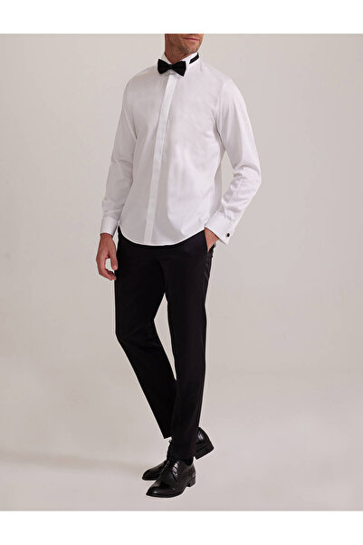 ATİLLA ÖZER Πουκάμισο γαμπρού Slim Fit White Ancestor Collar Sleeve Button Παπιγιόν Δώρο Γυαλιστερό λευκό πουκάμισο γαμπρού