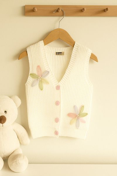 Nimini Kids New Season Flower Detailed Buttoned Knitwear Thessaloniki Knitted Baby Girl Children's Vest (0-8 Years)