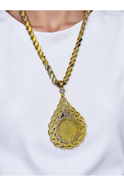 stainless steell Sekhmet Nova Çeyrek Çerçeveli Kolye (Altın Kaplama) – Arpa Pullu Zincir 60 cm
