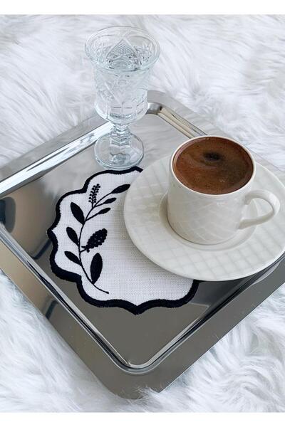 Mora Tekstil Black Colored Presentation Napkin, Cocktail Napkin, Coffee Side Presentation Napkin, Embroidered Presentation Napkin Set of 6