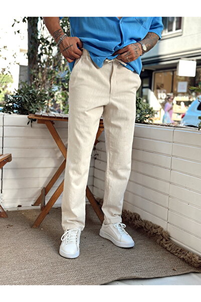 manch collection İtalyan Kesim Beli İpli Keten Pantolon Krem