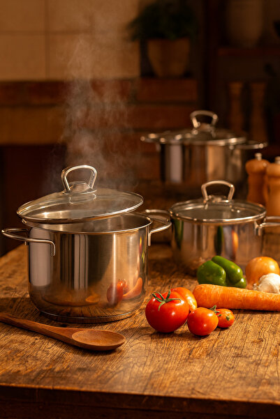 YUNUSOĞLU HOME Valencia 6 Piece 304 Quality Stainless Steel Stew Pot Set with Glass Lid 14-16-18 cm