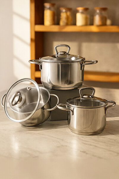 YUNUSOĞLU HOME Valencia 6 Piece 304 Quality Stainless Steel Stew Pot Set with Glass Lid 14-16-18 cm