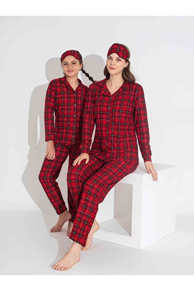 Mina Style Mother-Daughter Seasonal Suede Red Plaid Front Button Pajamas Set