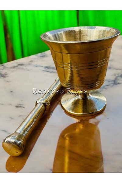 RENK YAPI RÜYASI El Yapımı Pirinç Havan, Antep Işi Havan, Sarımsak Ezeceği 8 Cm Yükseklik, 7,5 Cm Çap No: 1