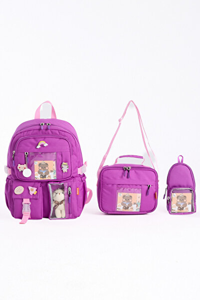 Roxbros Kore Tarzı Aksesuarlı 3'lü Set Kız Çocuk Ilkokul Çantası Kalemlikli B...