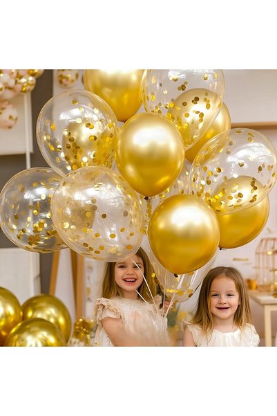 BALON DİYARI 40 Pieces Gold Pearlescent Metallic Transparent Balloon Premium 2 Pack Balloon Flake