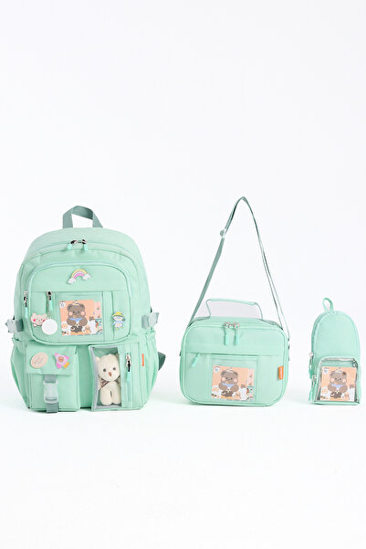 Roxbros Kawaii Kore Tarzı Aksesuarlı 3'lü Set Çocuk İlkokul Çantası Kalemlikli Beslenme Çantalı Sırt Çantası