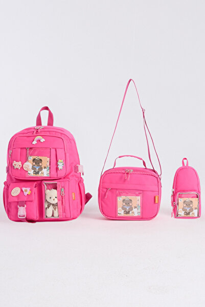 Roxbros Kore Tarzı Aksesuarlı 3'lü Set Kız Çocuk Ilkokul Çantası Kalemlikli Beslenme Çantalı Sırt Çantası