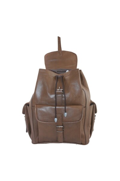 MEBES Genuine Leather Women's and Men's Brown Backpack Model with 3 Pockets