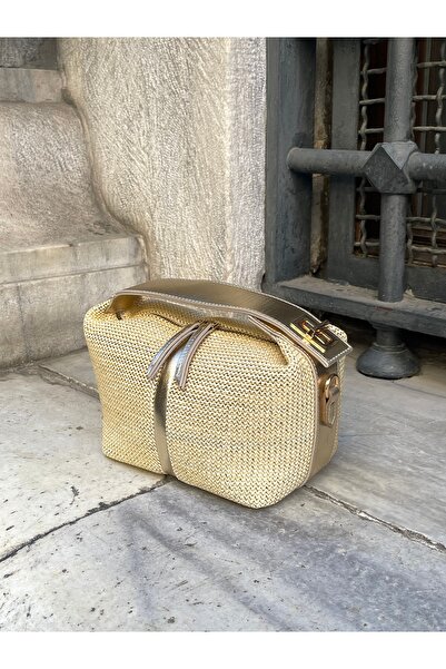 nura Geantă de mână și de umăr pentru femei, cu încuietoare din răchită, auriu