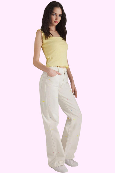 PayBuy Women's Fashion Wide Leg Long Length Denim Trousers Embroidery Details Casual Style Seasonal Use
