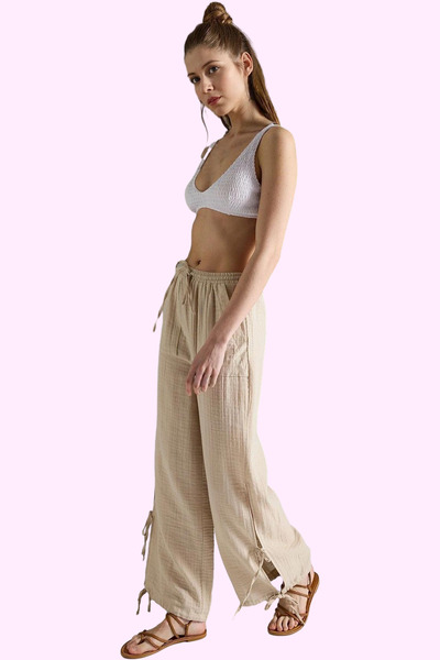 PayBuy Women's Fashion Beach Pants Tie-Up Detail Pipe Leg Muslin Cotton Summer Summer