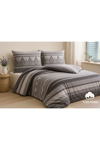 Evimcim 100% Cotton Ranforce Single Duvet Cover Set Gray Geometric Pattern 160X220 + 240X260 + 50X70