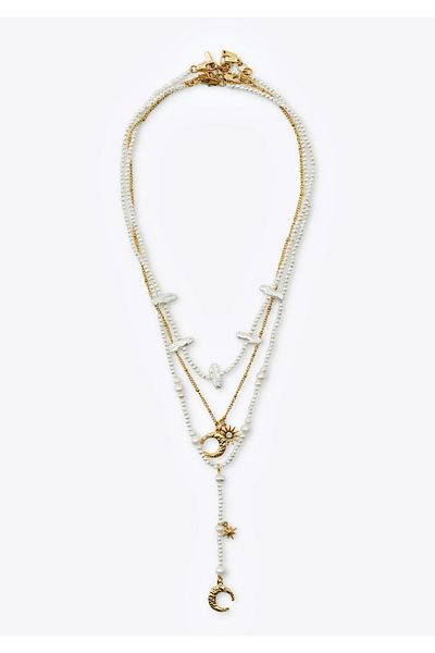 mos&more Brand Necklace, Stylish Women's Necklace with Pearl Moon and Sun Charm
