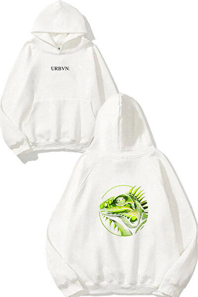 urbvn سويت شيرت بقلنسوة أبيض كبير الحجم مطبوع بتصميم الحرباء