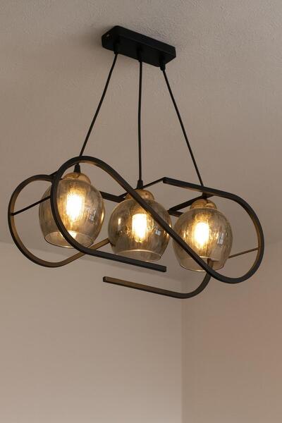 Avize 3 LÜ SİYAH PROFİL KASA BAL CAMLI SALON MUTFAK ODA 3 LÜ