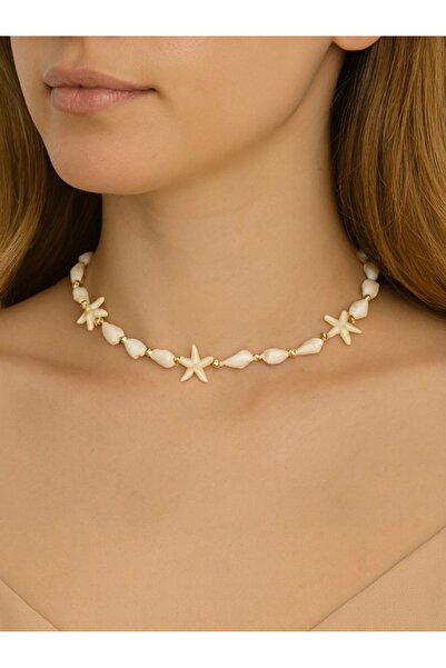 monalisatoka Kadın Deniz Kabuğu Yıldızlı Gold Boncuk Detaylı Kolye