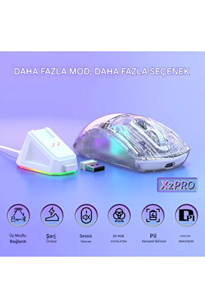 EverBox Attack Shark X2 Pro Şeffaf Kablosuz Şarj İstasyonlu BT/2.4G/Kablolu Ergonomik RGB Mouse 4000 DPI