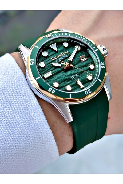 Quantum Special Design 10 Atm Green Color Sapphire Glass Silicone Cord Steel Case Men Wristwatch 1229.275