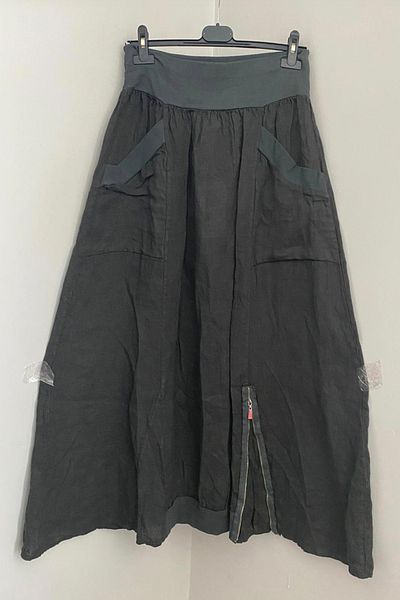 AYASOFYA OTANTIK Women's Italian Dark Gray Waisted Elastic Bag Pocket Leg Zipper Detailed Linen Long Skirt
