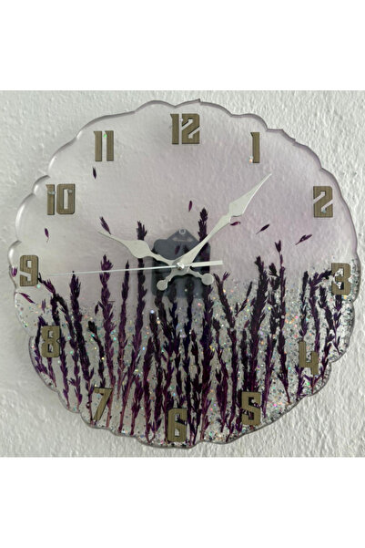 Pelince - ساعة حائط إيبوكسي شفافة بتفاصيل زهرة أرجوانية - 33 سم