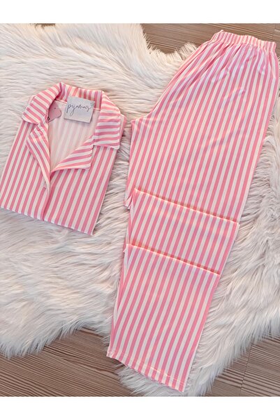 Pijamacs Pembe Çizgili Uzun Kol Yumuşak Hissiyatlı Pijama Takımı