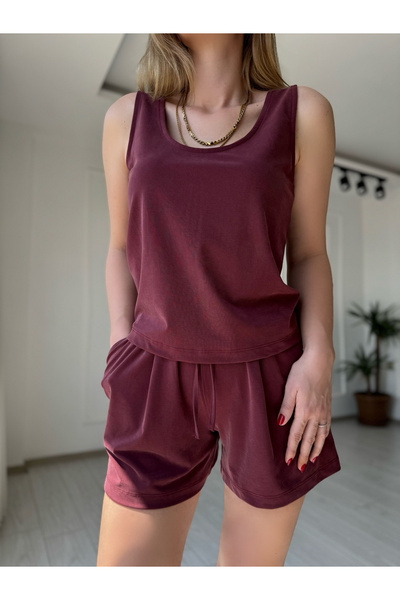 Store Thick Strap Breathable Fabric Shorts Set - Plum