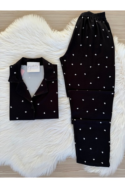 Pijamacs Black Tiny Heart Pattern Long Sleeve Soft Feeling Pajamas Set