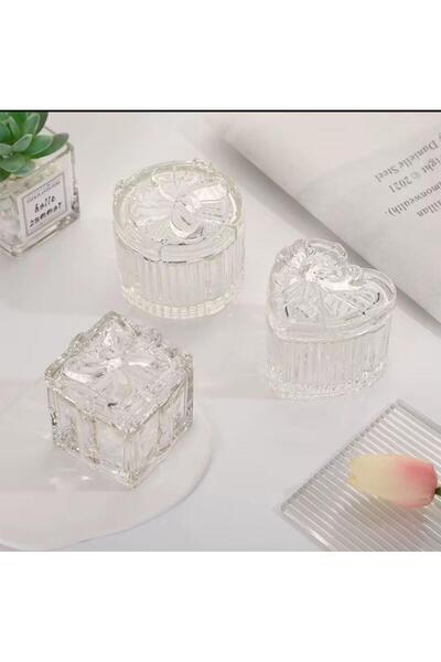 PEKİBU 3-Piece Bow Model Covered Glass Box Sugar Bowl Square-Round-Heart