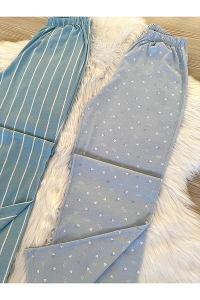 Pijamacs Mavi Mini Kalp ve Çizgili Desenli 2'li Pijama Altı