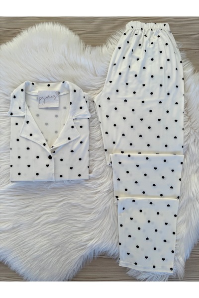 Pijamacs White Polka Dot and Heart Pattern Long Sleeve Soft Feeling Pajamas Set