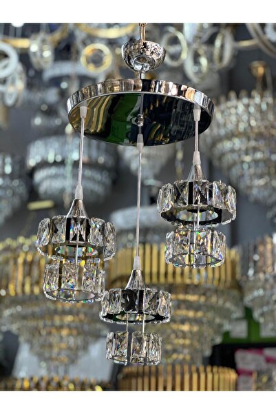 Avize Kristal 3 Lü Yuvarlak Gümüş Modern Sarkıt Mutfak Oturma Odası Salon Sarkıt Avize.