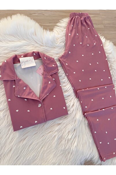 Pijamacs Gül Kurusu Minik Kalp Desenli Uzun Kol Yumuşak Hissiyatlı Pijama Takımı