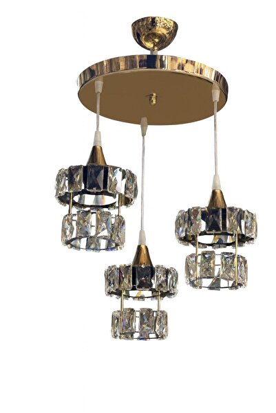 Avize Kristal 3 Lü Yuvarlak Gold Modern Sarkıt Mutfak Oturma Odası Salon Sarkıt Avize.