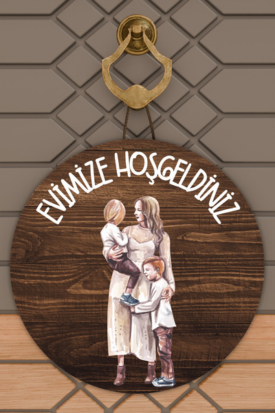 Dormot 1 Ornament modern pentru ușă din lemn, doi copii, mamă, familie, ornam...