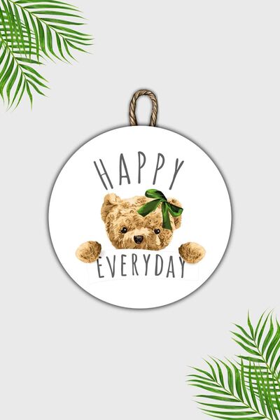 Dormot Сучасна дерев'яна прикраса для дверей - Білий фон Ведмедик Happy Everyday Прикраса для дверей - Зовнішня прикраса для дверей