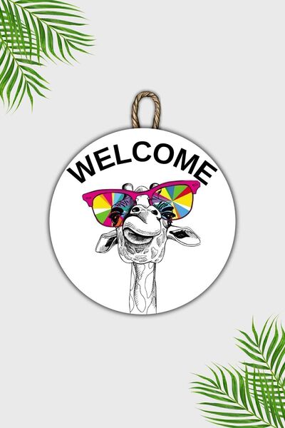 Dormot Сучасна дерев'яна прикраса для дверей - білий фон Welcome Окуляри Лама Прикраса для дверей - зовнішня прикраса для дверей