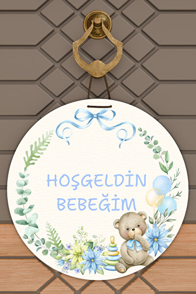 Dormot 1Modern Dijital Baskı Beyaz Mavi Ayıcık Hoşgeldin Bebeğim Kapı Süsü