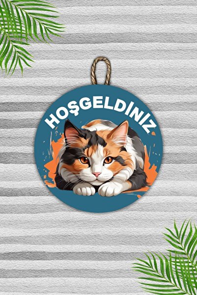 Dormot Ornament modern pentru ușă din lemn - Ornament de perete pentru pisică de bun venit albastru - Ornament pentru ușă în aer liber