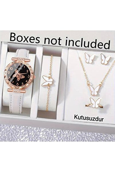 BBS Kadın Kelebek Desenli Saat Bileklik Kolye Küpe Yüzük 5'li Takım - Kutusuz
