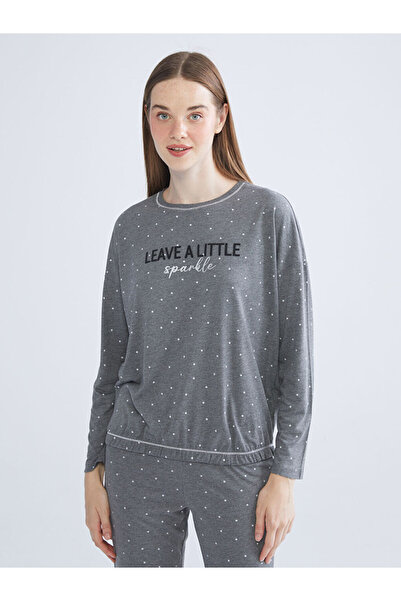 LC Waikiki Gri Bisiklet Yaka Baskılı Kadın Pijama Takımı