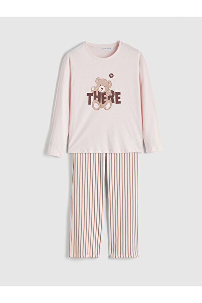 LC Waikiki Pembe Bisiklet Yaka Ayı Baskılı Kadın Pijama Takımı