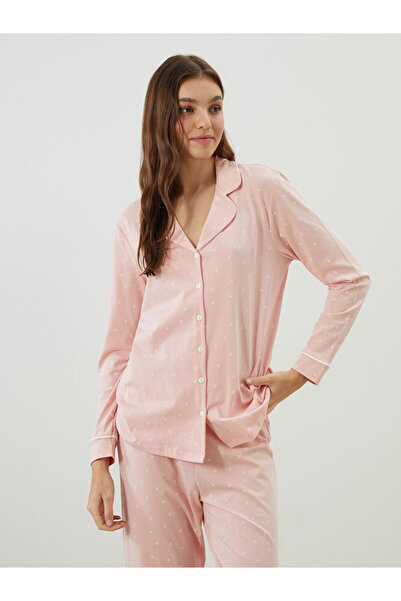 LC Waikiki Pembe Büyük Beden Gömlek Yaka Kalp Baskılı Kadın Pijama Takımı