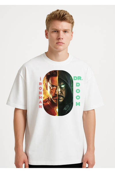 lovver تي شيرت أسود كبير الحجم بتصميم MARVEL DR.DOOM IRONMAN من Lewibafashion